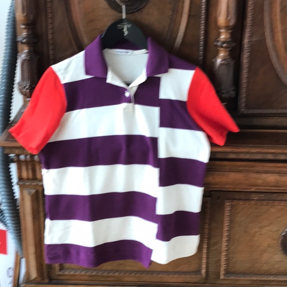 Lacoste Purple and Red Striped Short Sleeve Tee